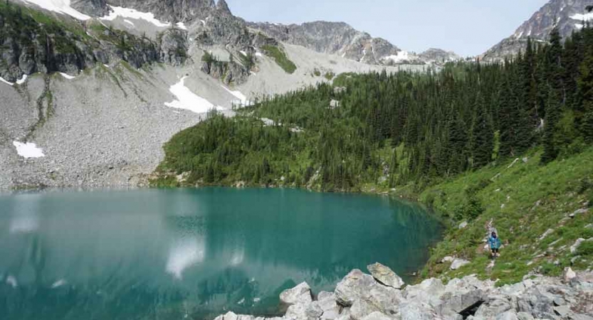 a blue alpine lake sits amount green trees and gray mountains in the pacific northwest